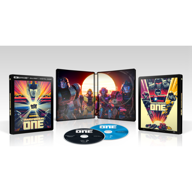 Transformers One 4K Blu-Ray Digital Limited Edition Steelbook set with vibrant cover art and discs.