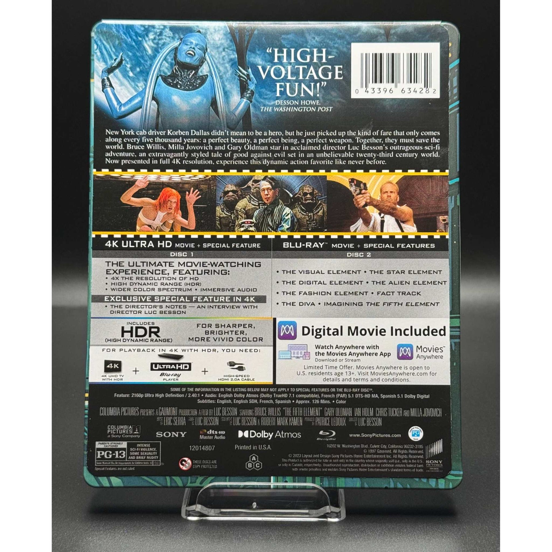 The Fifth Element 4K Ultra HD Blu-Ray Steelbook back cover showing special features and movie description.