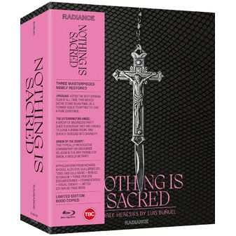 Limited edition "Nothing Is Sacred" Blu-Ray box set featuring three heresies by Luis Buñuel with iconic artwork and titles.