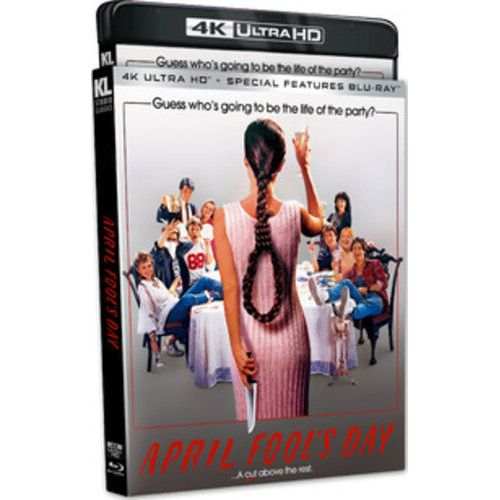 April Fool's Day 4K UHD Blu-Ray with slipcover featuring main character holding a knife, surrounded by friends.