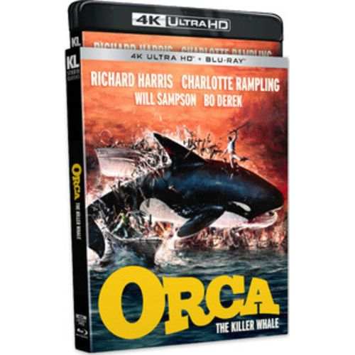 Orca: The Killer Whale 4K UHD + Blu-Ray slipcover featuring Richard Harris and Charlotte Rampling.