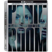 Panic Room 4K UHD + Blu-Ray + Digital Limited Edition Steelbook pre-order cover featuring main characters.