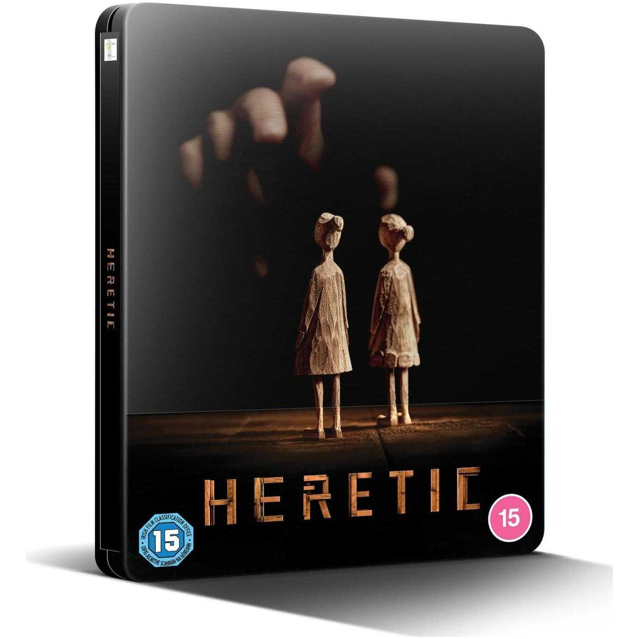 Heretic Limited Edition Steelbook 4K Ultra HD Blu-Ray cover with eerie artwork and Region B label.