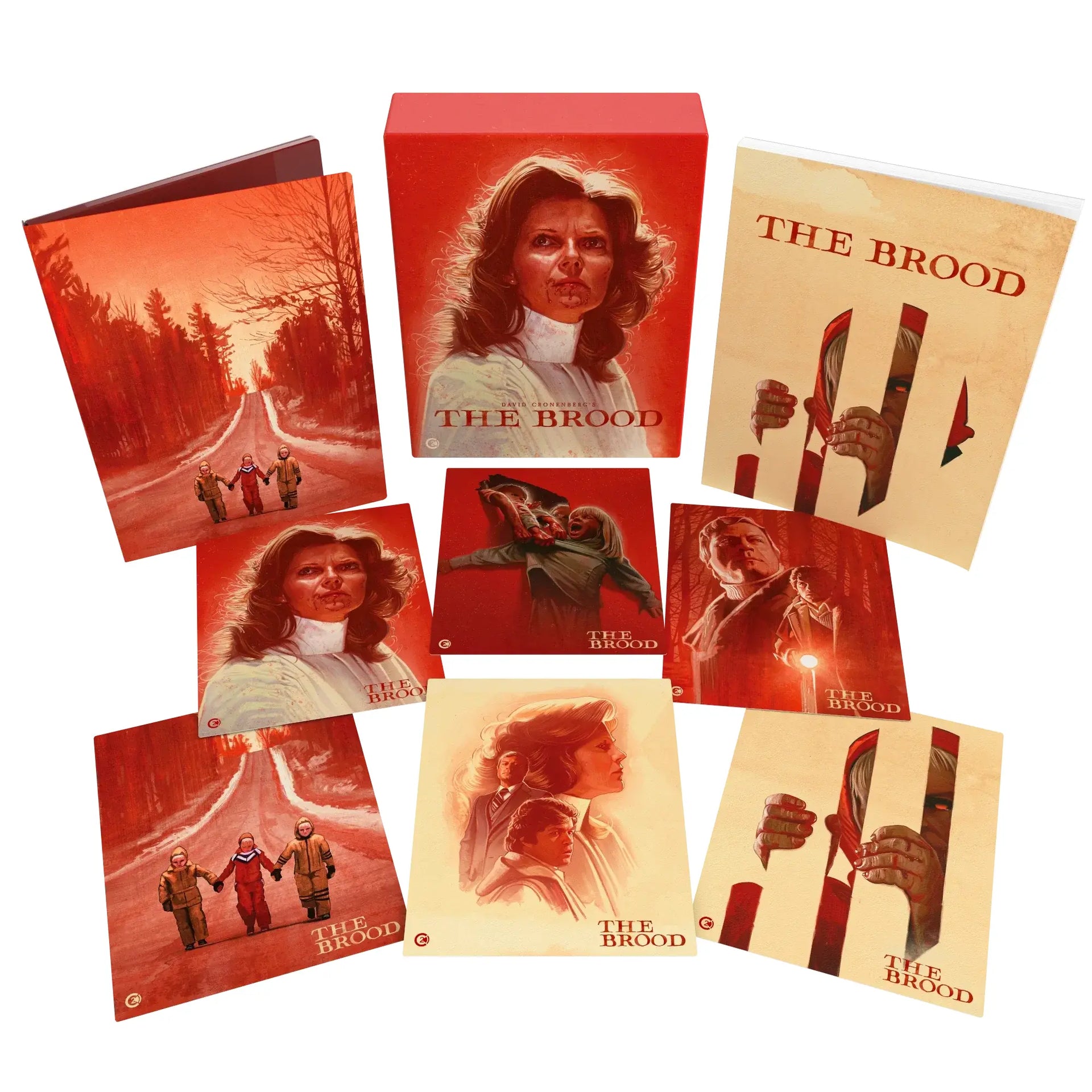 Limited Edition 4K Ultra HD Blu-Ray of "The Brood" with rigid slipcase and collectors' art cards, available for pre-order.