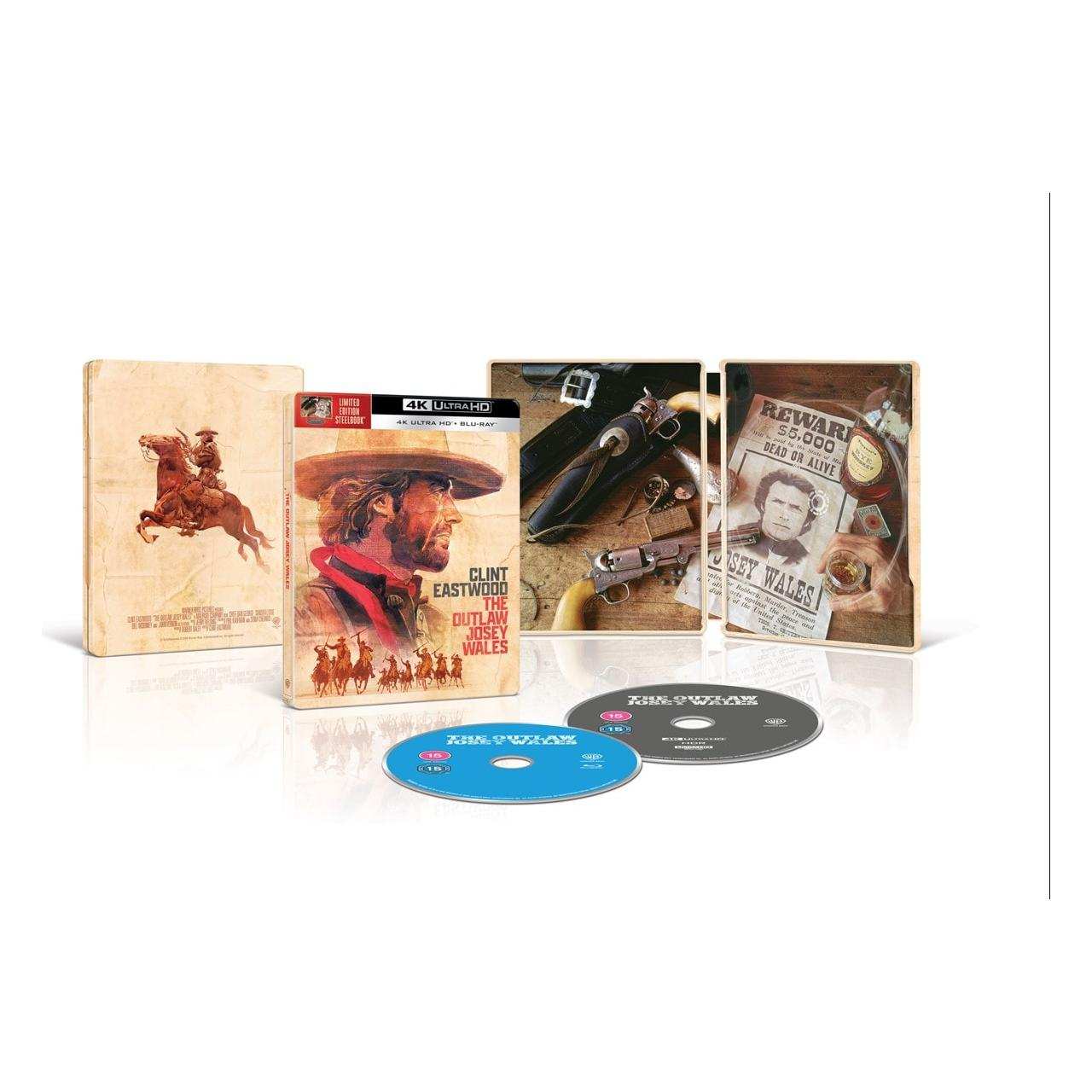 PRE-ORDER The Outlaw Josey Wales Limited Edition UK Steelbook 4K Ultra HD Blu-Ray Set displayed with artwork and discs.