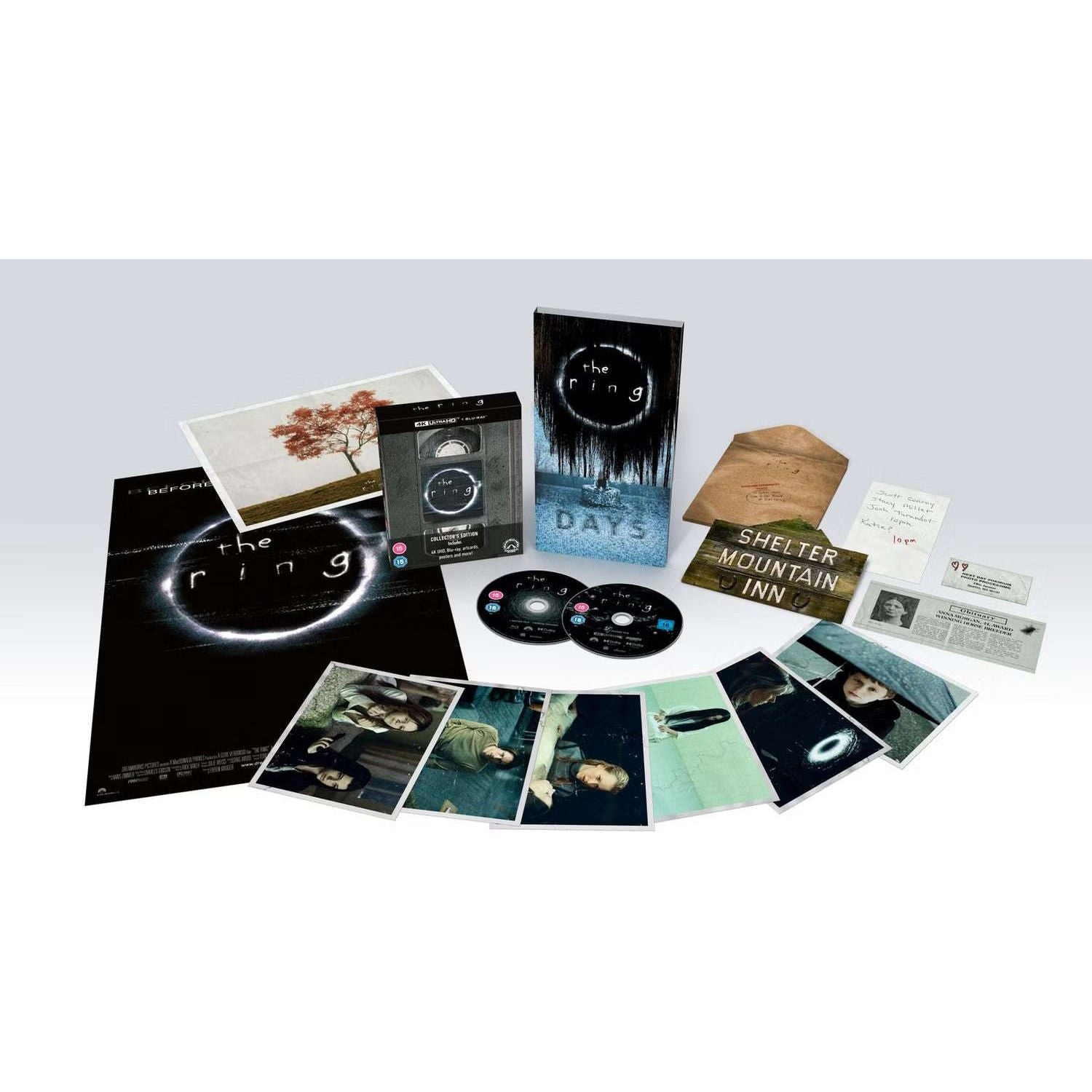 The Ring Steelbook Limited Collectors Edition 4K Ultra HD Blu-Ray set with poster, art cards, and collectible items.