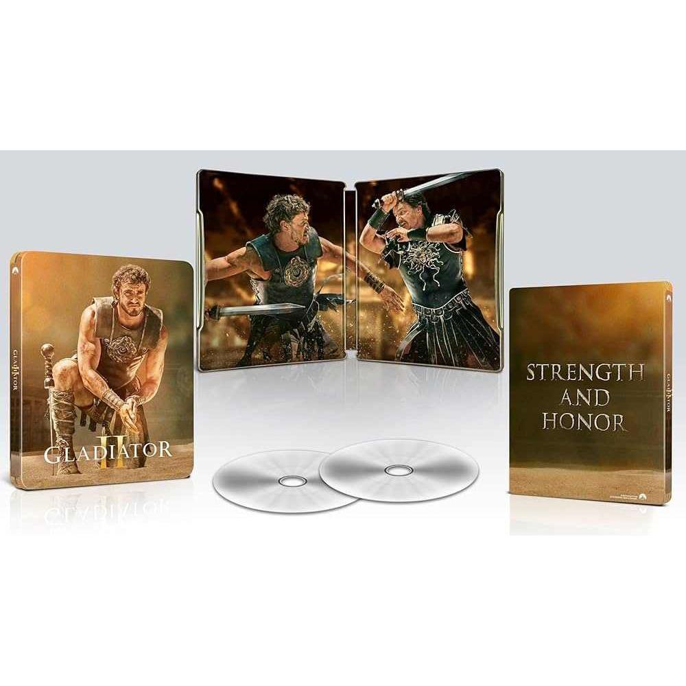 PRE-ORDER: Gladiator II Limited Edition UK Steelbook 4K Ultra HD + Blu-Ray with artistic cover and discs.