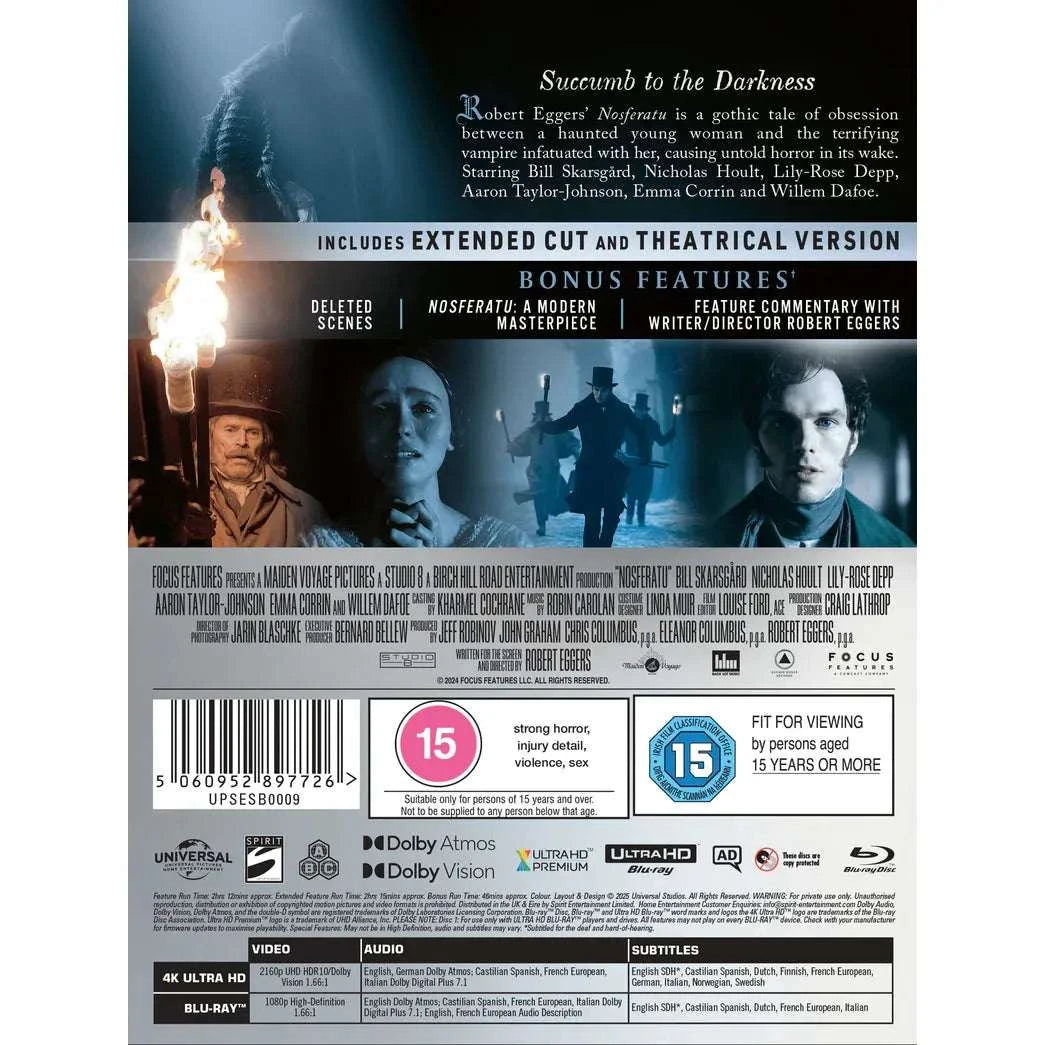 Nosferatu Limited Edition UK Steelbook 4K UHD Blu-Ray cover with cast and special features.