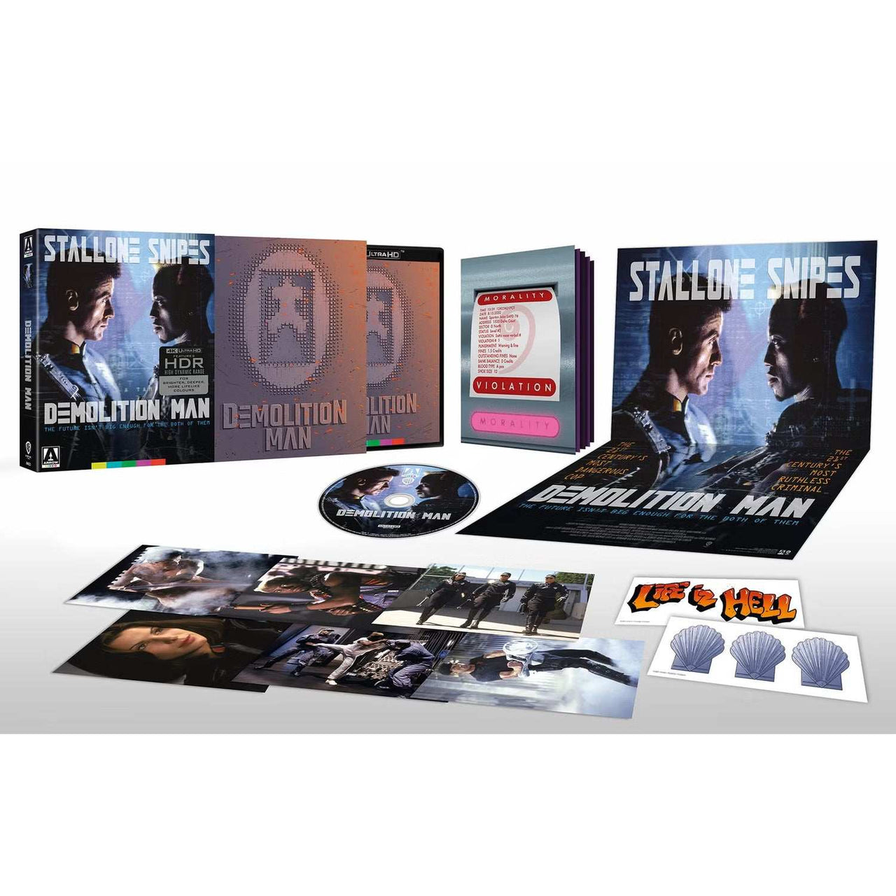 Demolition Man Limited Edition 4K UHD with slipcase and extras, featuring collector's items and artwork.