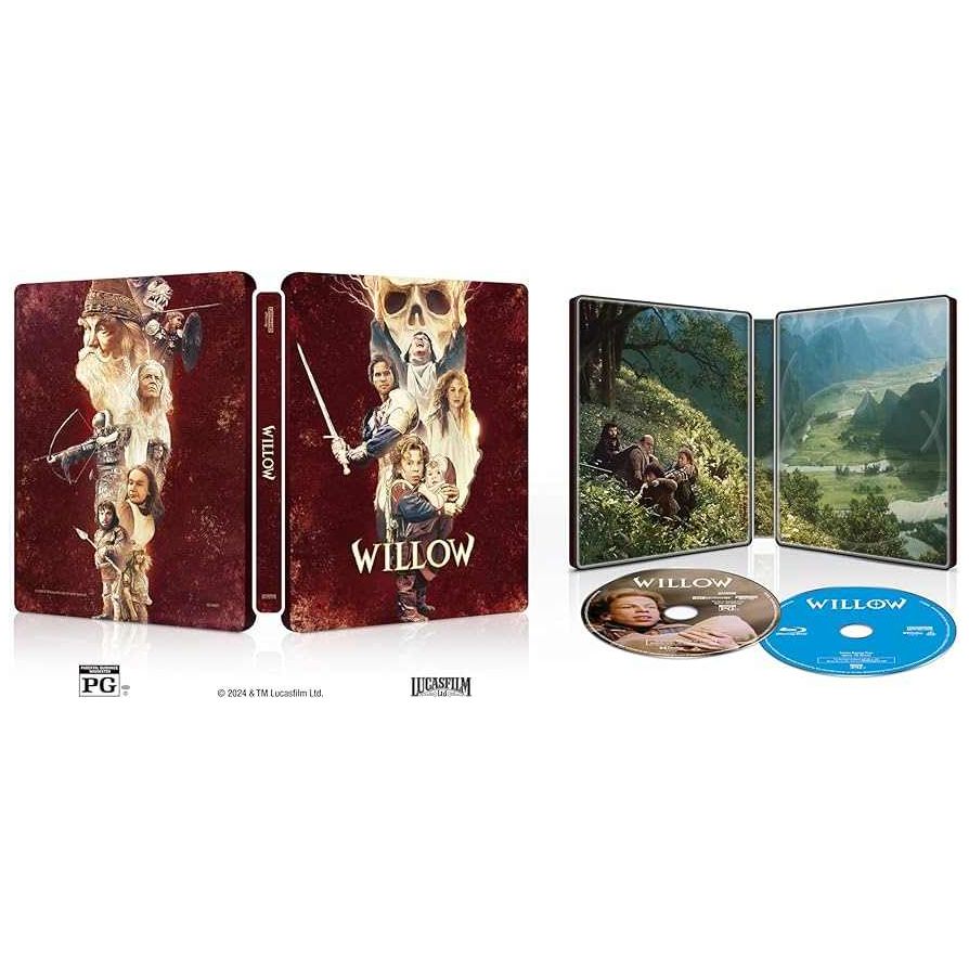 Willow Limited Edition Steelbook 4K UHD + Blu-Ray set with fantasy artwork and discs.