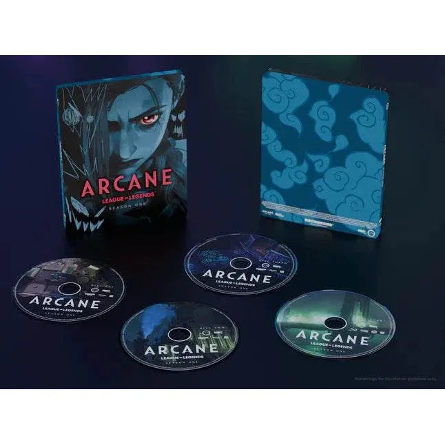 Arcane League of Legends Season One 4K UHD Steelbook with Jinx-themed design and discs displayed.