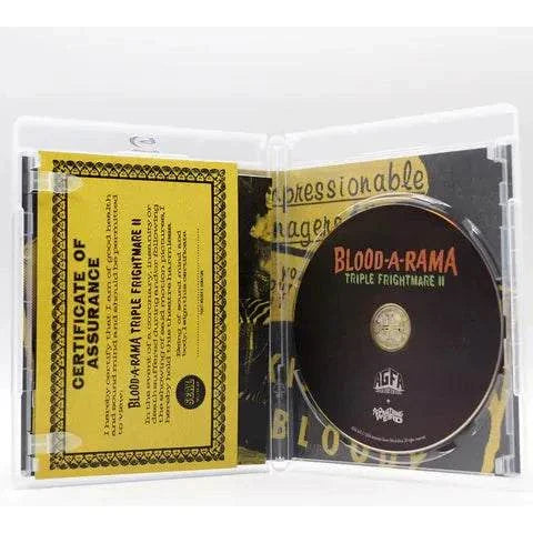 American Genre Film Archive Blood-A-Rama Triple Frightmare II Blu-Ray with slipcover in open case showing disc and certificate.