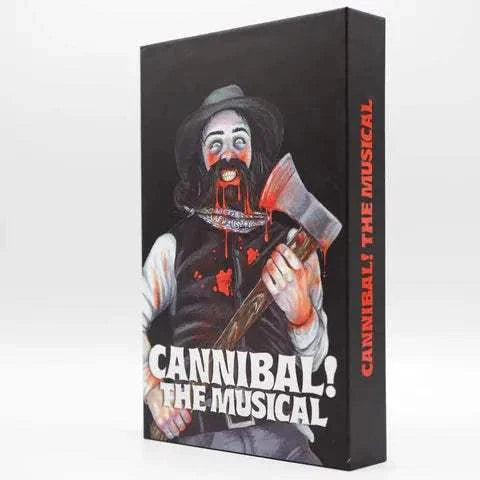 Cannibal! The Musical Limited Edition Deluxe LED VHS packaging with a graphic cover of a blood-spattered figure holding an axe.