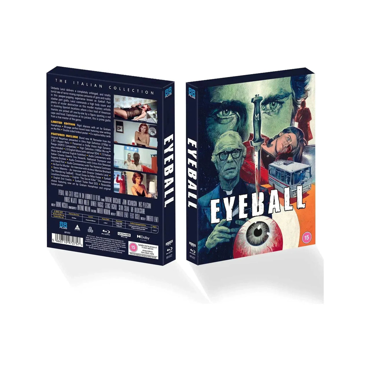 Eyeball Deluxe Limited Edition 4K Ultra HD Blu-Ray with rigid slipcase and extras, REGION FREE/REGION B, featuring Umberto Lenzi's giallo film with special features and collectible art.