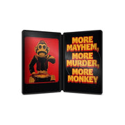 PRE-ORDER The Monkey Limited Edition Steelbook 4K Ultra HD Blu-Ray packaging with monkey illustration and text "More Mayhem, More Murder, More Monkey".