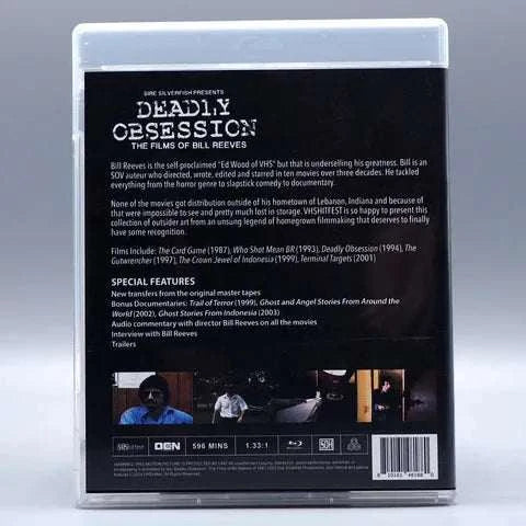 VHSHitfest Deadly Obsession Blu-Ray with slipcover, featuring films of Bill Reeves, special features, and securely packaged.