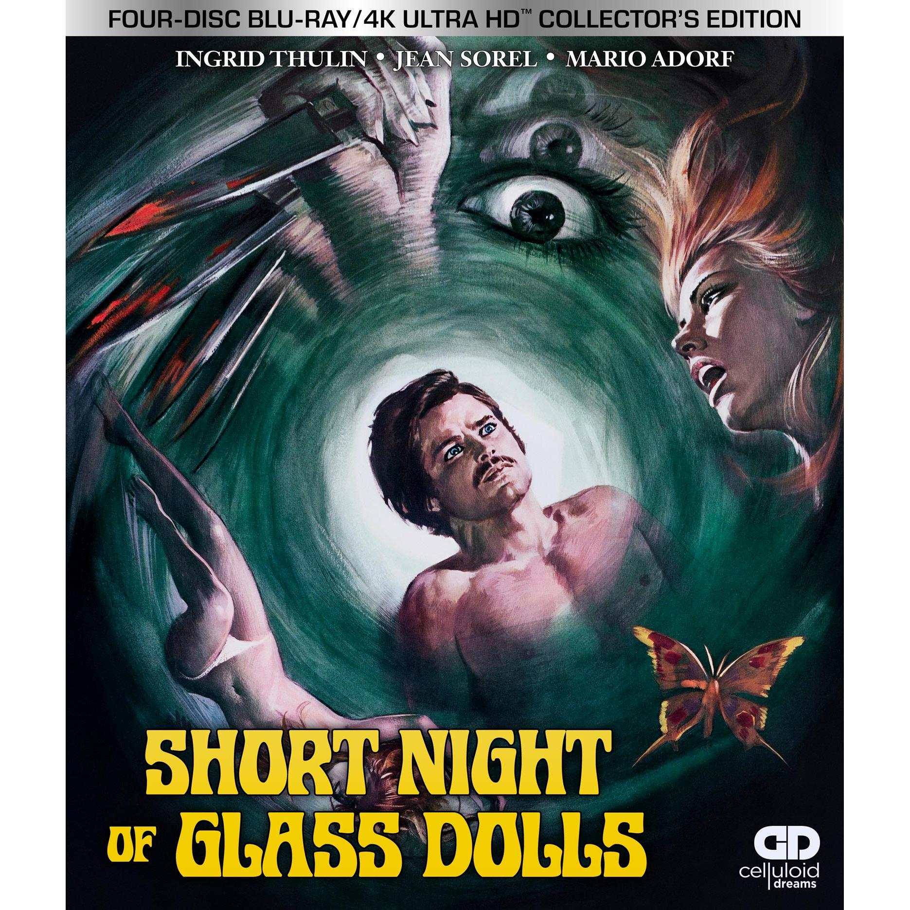 Collector's Edition 4K UHD/Blu-ray of "Short Night Of Glass Dolls" featuring striking artwork, including film title, starring Ingrid Thulin, Jean Sorel, and Mario Adorf.