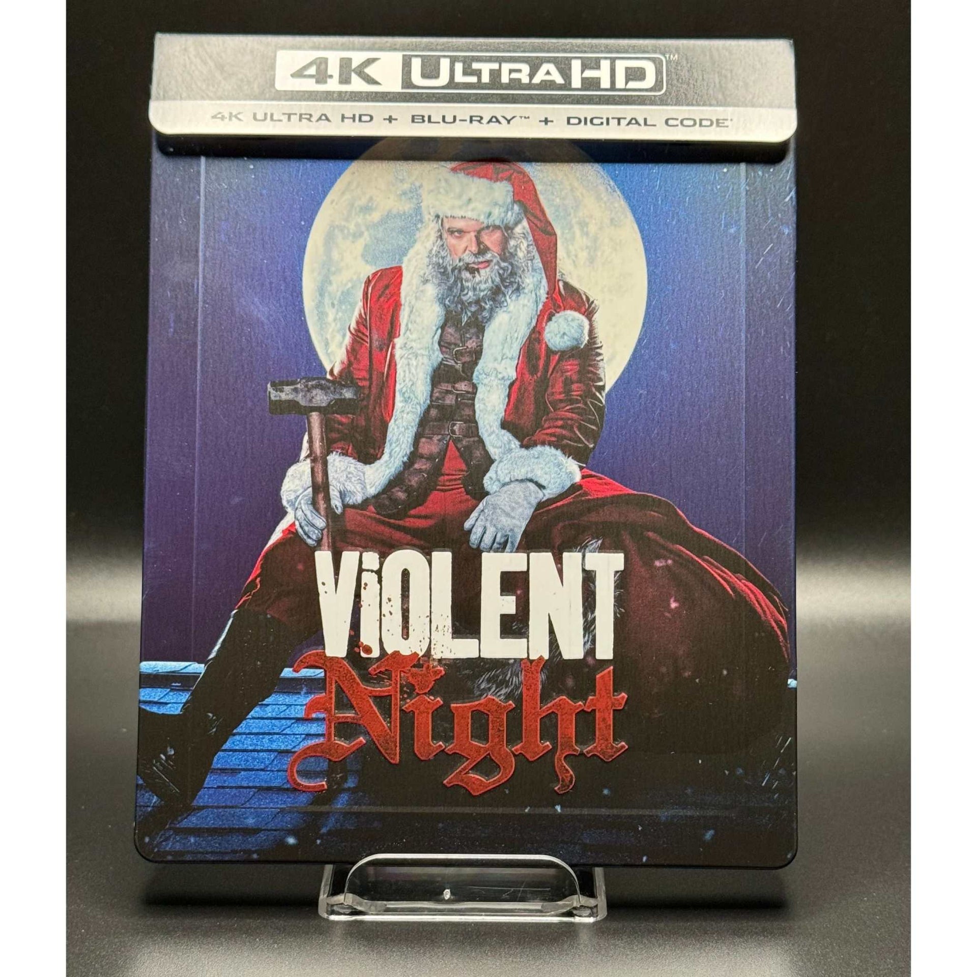 Violent Night 4K Ultra HD Blu-Ray Steelbook featuring Santa Claus with a hammer, used but in like new condition.