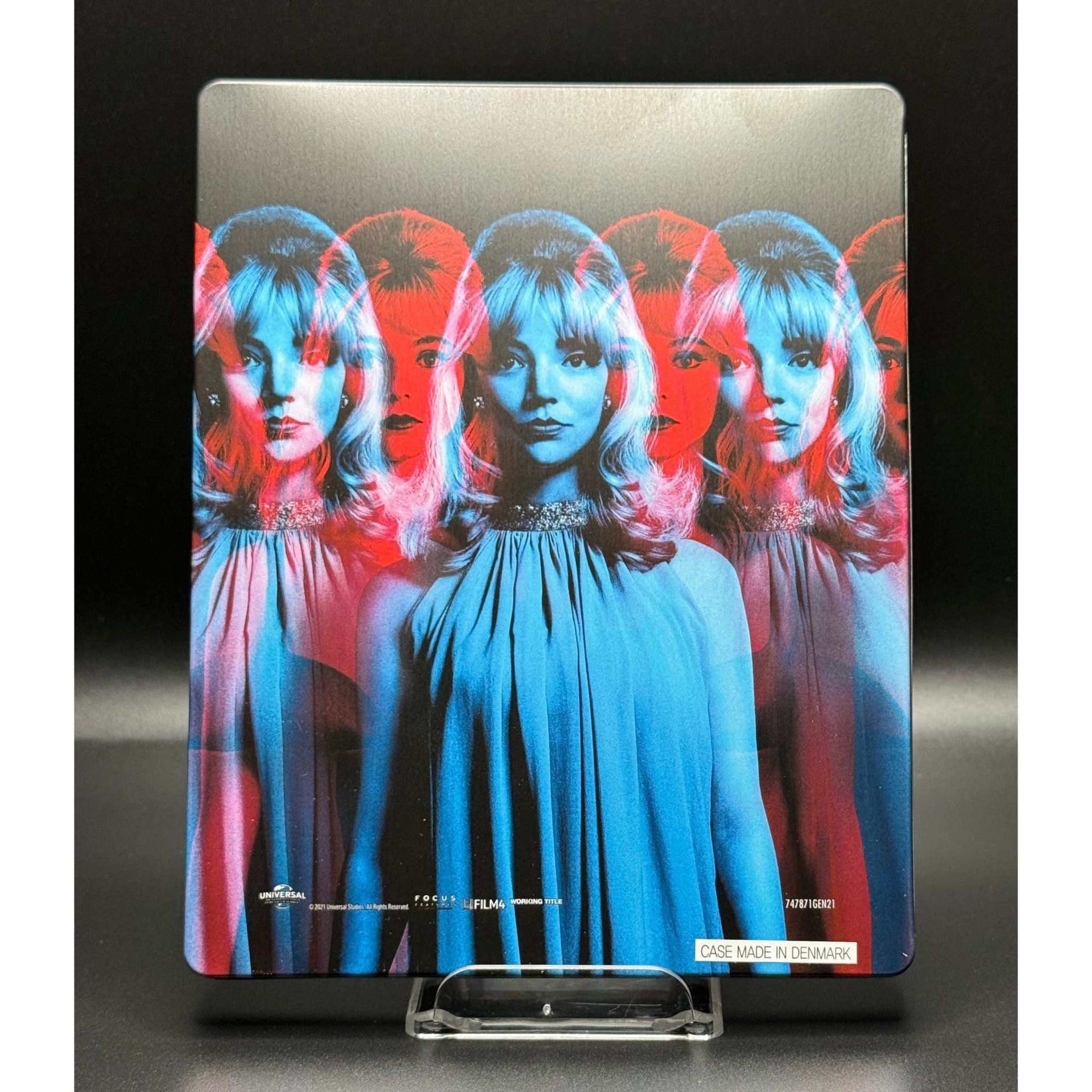 Last Night in Soho 4K Ultra HD Blu-Ray H&Co Steelbook cover with vibrant overlapping images of a woman in retro style.