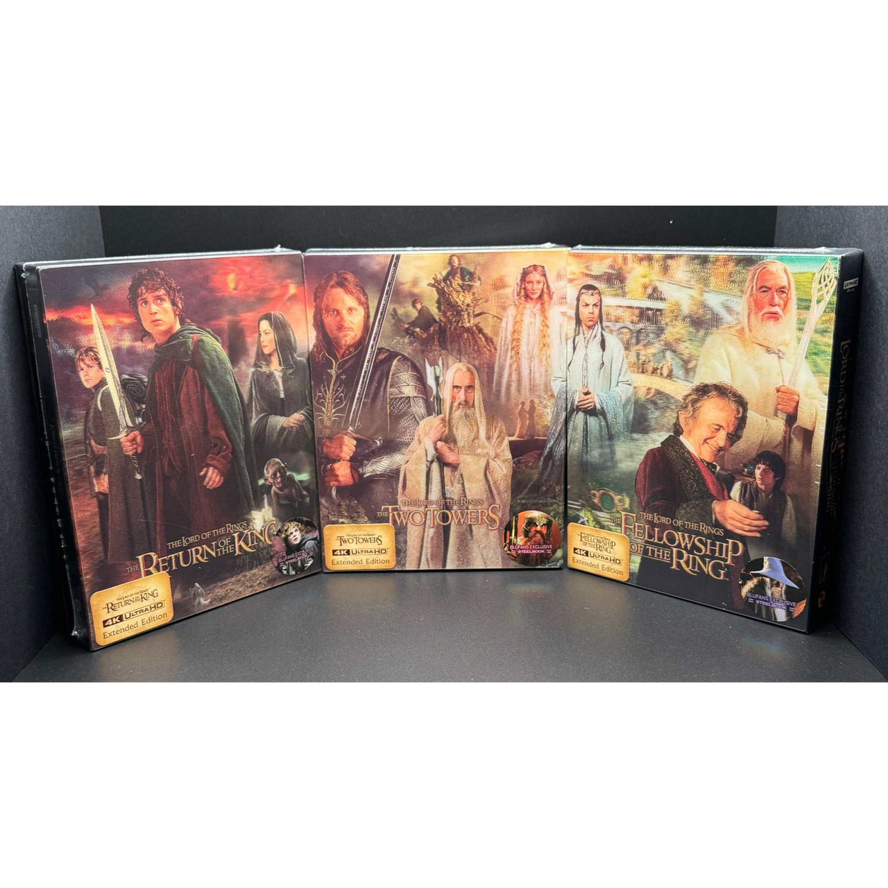 Limited edition Lord of the Rings Trilogy 4K UHD Steelbooks with vibrant lenticular covers and exclusive packaging.