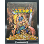 The Goonies 35th Anniversary 4K UHD Blu-Ray Steelbook with artwork featuring characters and treasure.