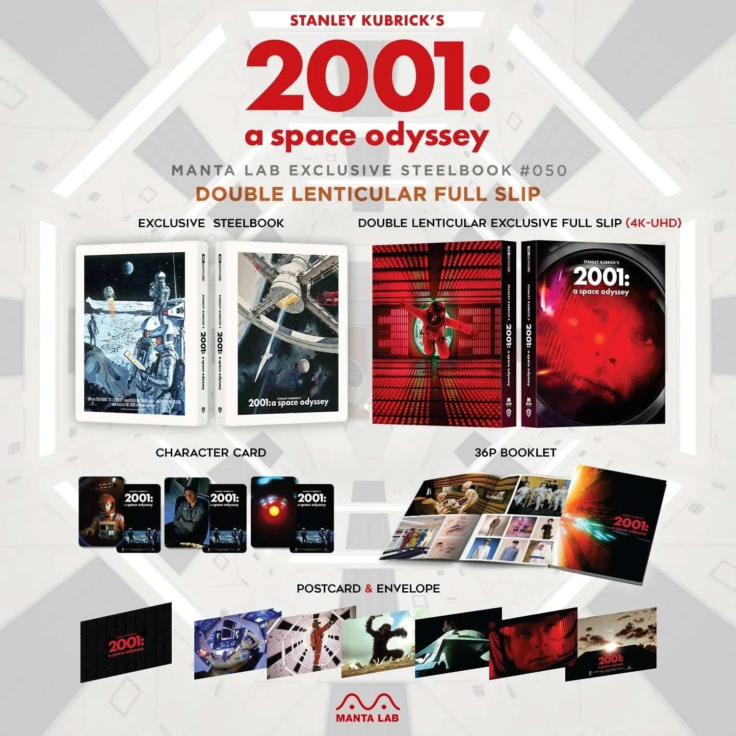 2001: A Space Odyssey 4K UHD Blu-Ray Limited Edition Steelbook by Manta Lab, double lenticular full slip, character cards, booklet, postcards.