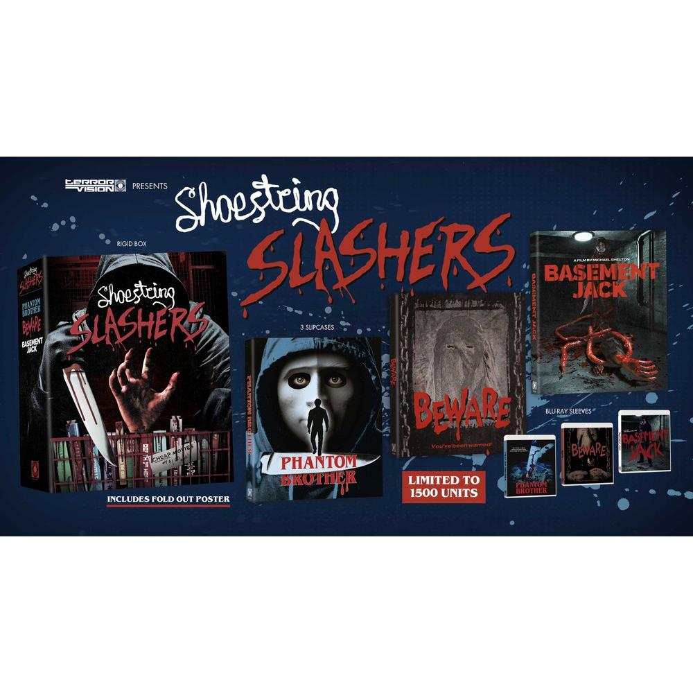 Shoestring Slashers Volume 1 Blu-Ray 3-Disc Box Set with Phantom Brother, Beware, and Basement Jack films, limited to 1500 units.