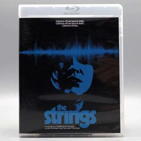 Shudder - The Strings Blu-Ray with slipcover featuring artwork of mysterious face and blue sound wave.