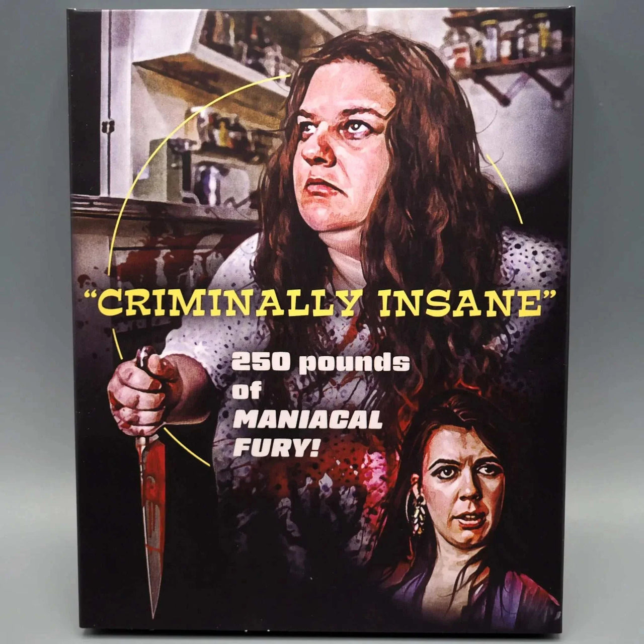 Blu-ray cover for "Criminally Insane" showing a woman holding a knife with the tagline "250 pounds of maniacal fury!"