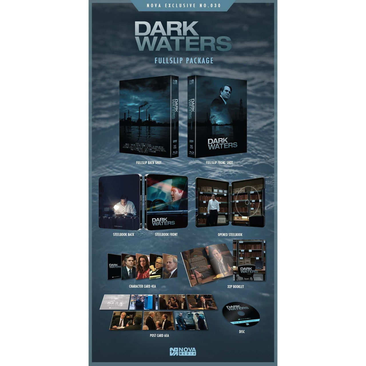 Dark Waters Limited Edition Steelbook Blu-Ray Full Slip with Extras by Nova Media, featuring biography drama film packaging and special features.