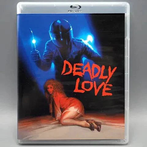 Vinegar Syndrome Blu-Ray cover for "Deadly Love" featuring mysterious biker figure and woman.