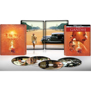 PRE-ORDER Gandhi Limited Edition 4-Disc 4k UHD Blu-Ray Steelbook set with iconic scenes and discs displayed.