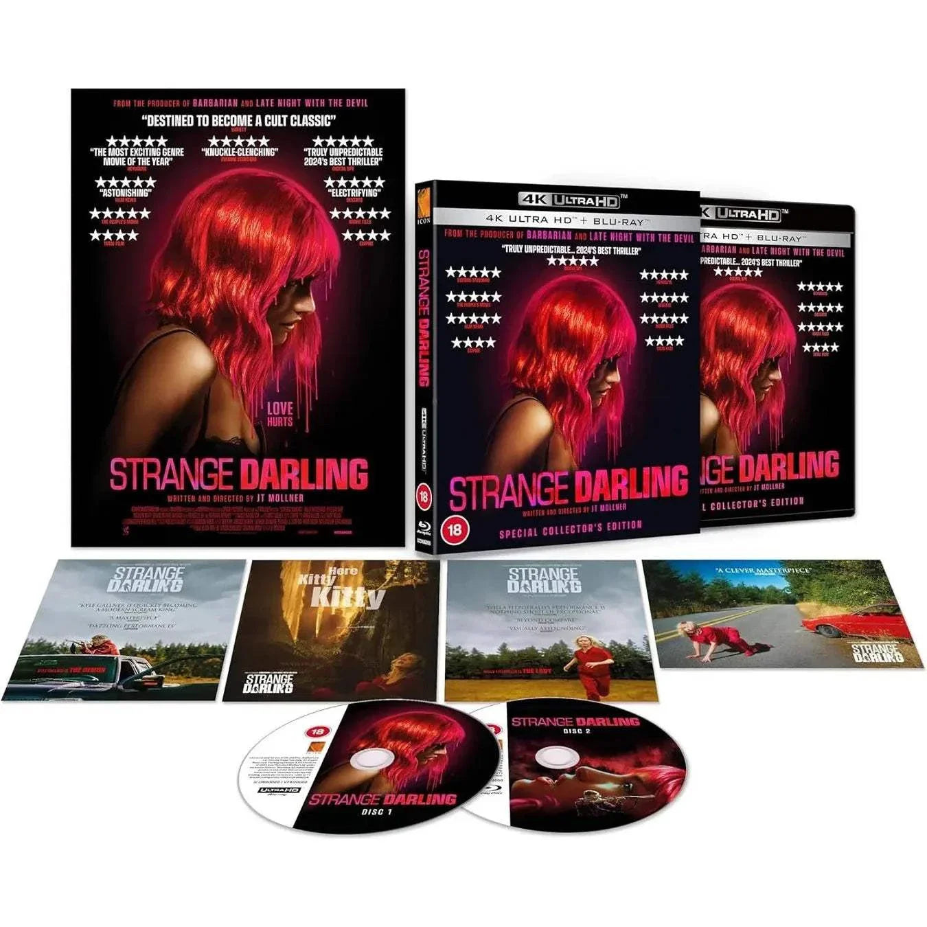 Strange Darling 4K Ultra HD Blu-Ray set with slipcover, poster, and art cards.