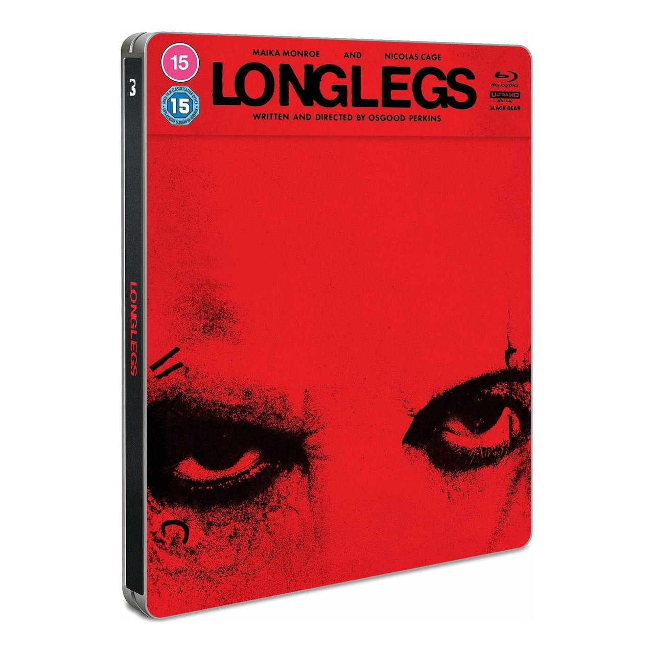 Longlegs Limited Edition Steelbook 4K Ultra HD and Blu-Ray featuring intense red cover art.