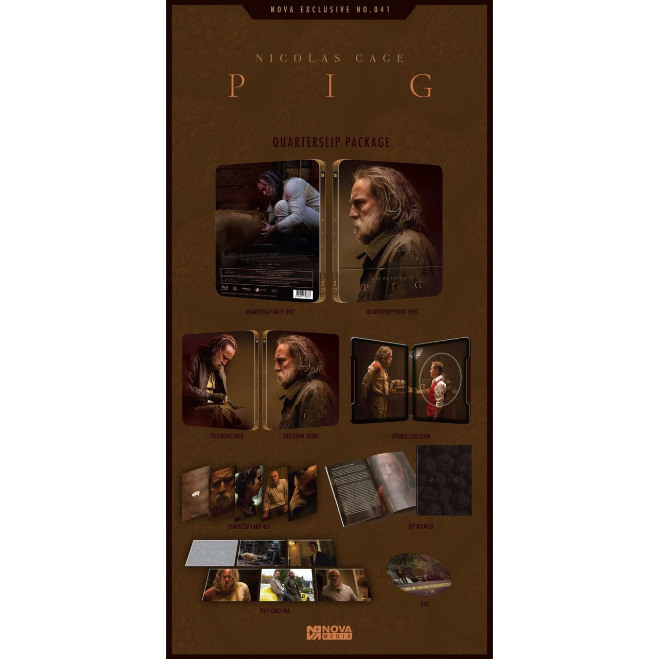 Pig Limited Edition Steelbook Blu-Ray 1/4 Slip by Nova Media with extras including character cards and postcards.