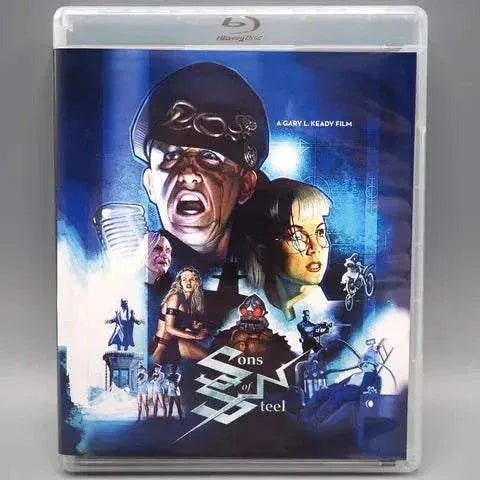 Blu-ray cover of "Sons of Steel" by Umbrella Entertainment, featuring futuristic characters and action scenes.