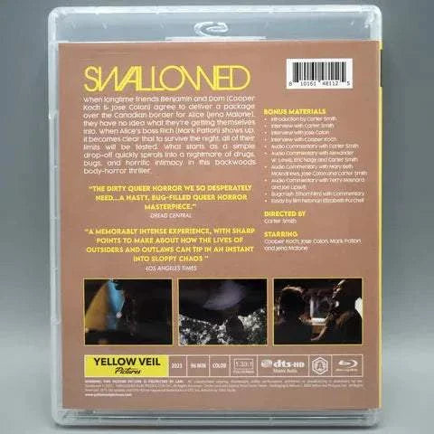 Yellow Veil Pictures Swallowed Blu-Ray with slipcover, featuring suspenseful horror artwork and details.