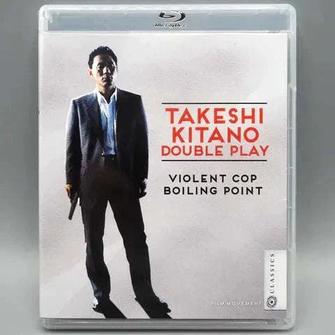 Film Movement Blu-Ray cover with Takeshi Kitano, featuring "Violent Cop" and "Boiling Point" movies.