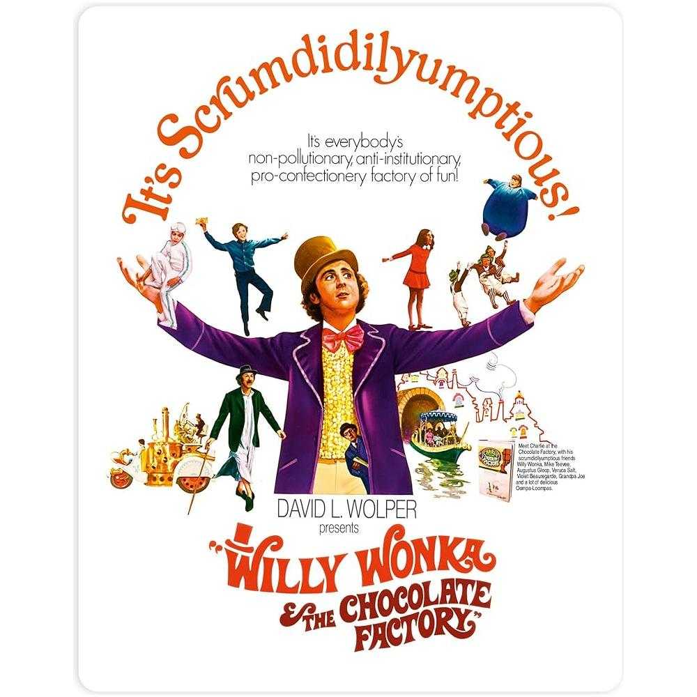 Willy Wonka and The Chocolate Factory Limited Edition Steelbook 4K Ultra HD cover featuring iconic characters.